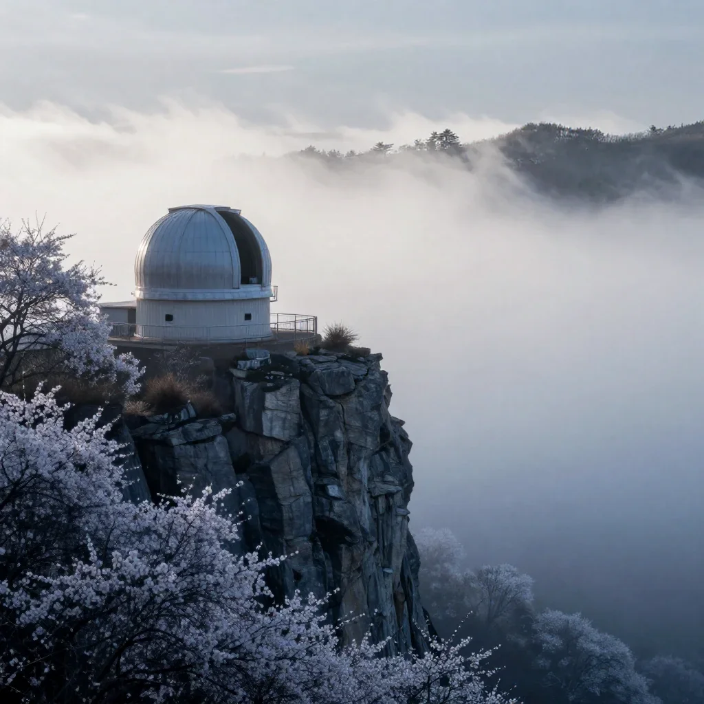 a cliffside observatory in early spring mist, dreamlike fine-art landscape photography, restrained color harmony, indigo