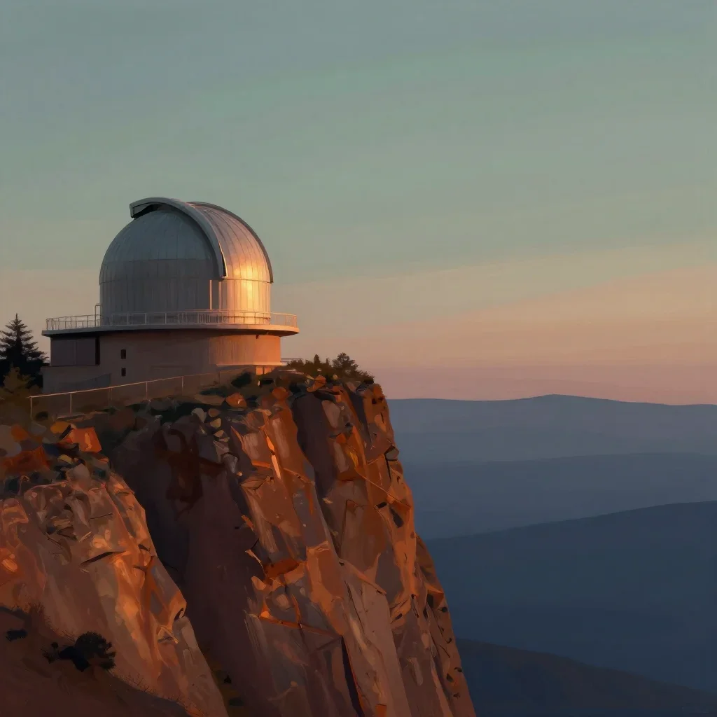 a cliffside observatory at blue hour, modernist poster illustration, calm negative space, rust and sage palette, no peop