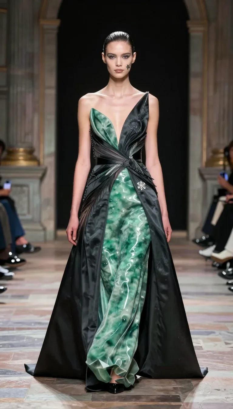 a couture catwalk muse with razor cheekbones in a confident cinematic stride, in a moonlit palace courtyard, high-fashio