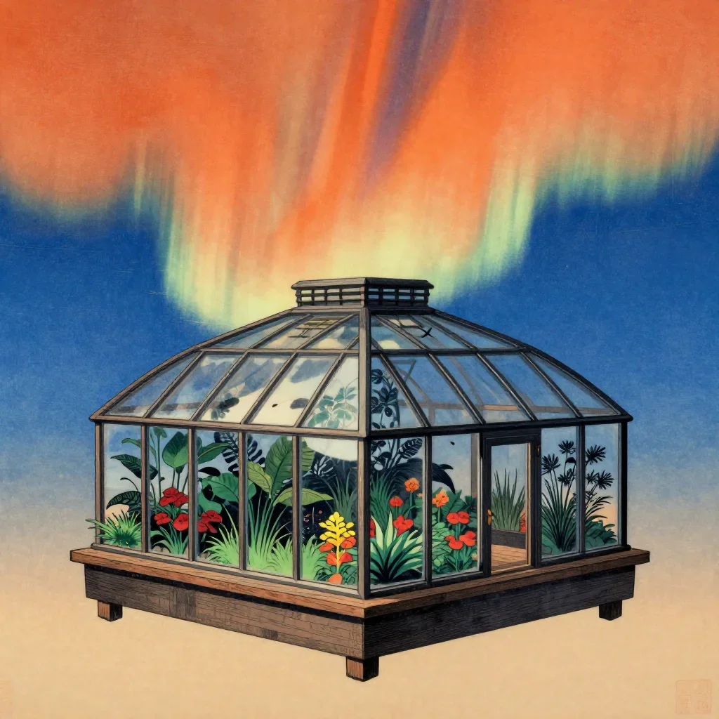 a floating botanical conservatory beneath an aurora, Japanese woodblock-inspired editorial art, clean natural textures, 