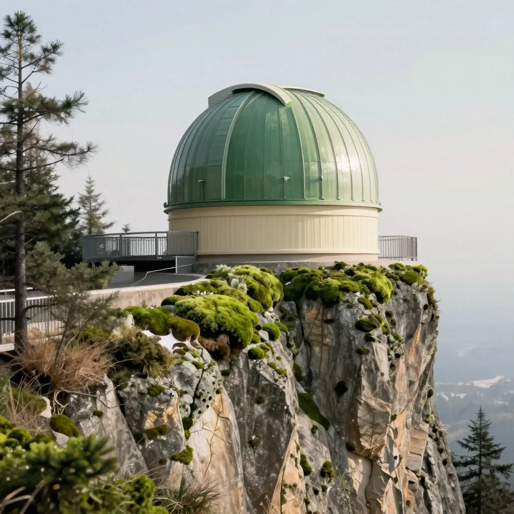 a cliffside observatory in crisp winter sunlight, contemporary botanical illustration, gentle reflected light, moss gree