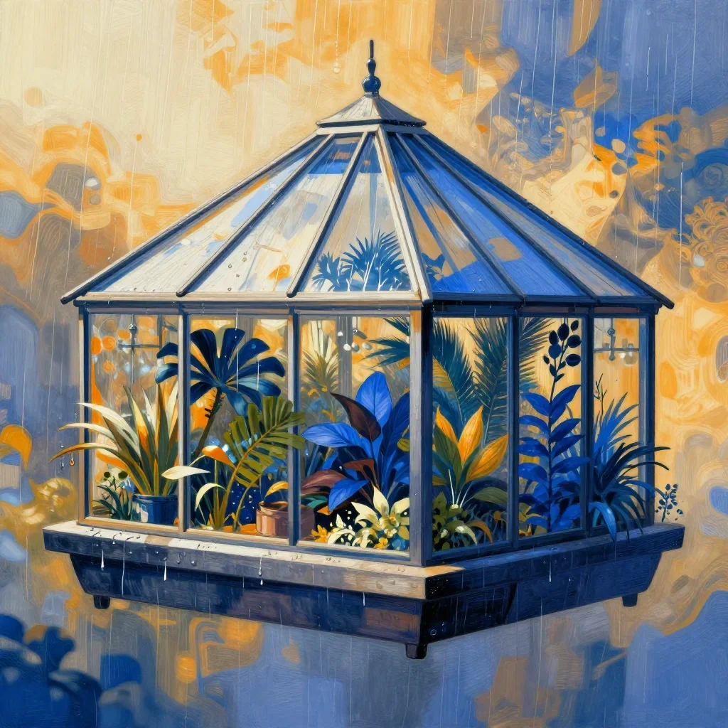 a floating botanical conservatory after warm summer rain, contemporary botanical illustration, crisp material detail, co