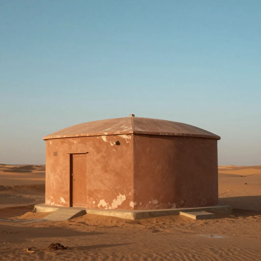 a desert research station in quiet late-afternoon haze, refined editorial travel photography, weathered tactile surfaces