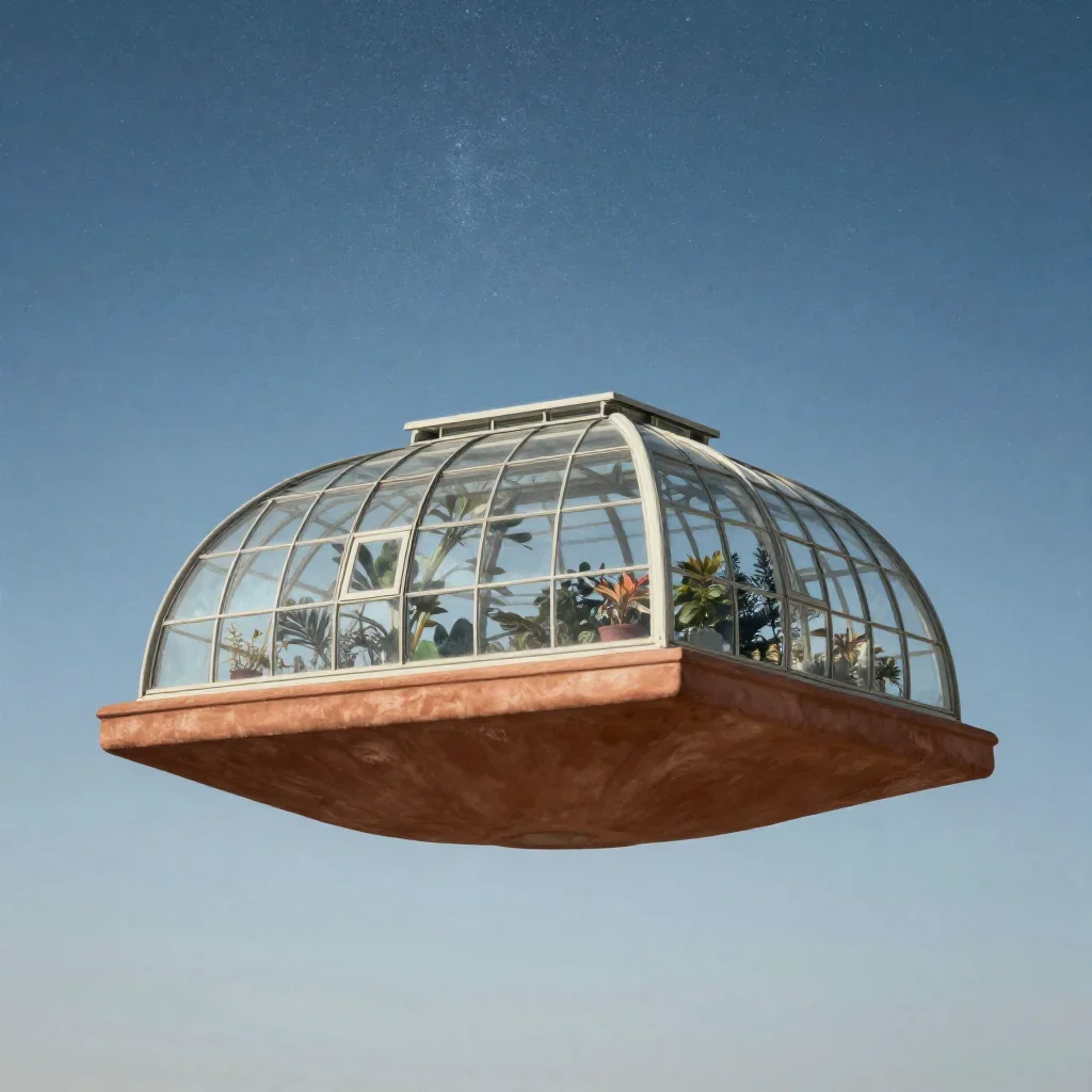 a floating botanical conservatory beneath a star-filled sky, cinematic architectural photography, calm negative space, t