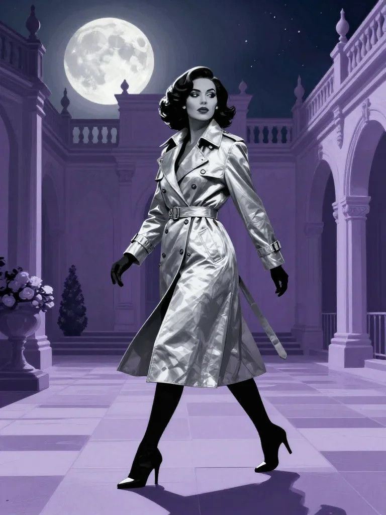 a noir detective's femme fatal muse in a trench coat in a confident cinematic stride, in a moonlit palace courtyard, dre