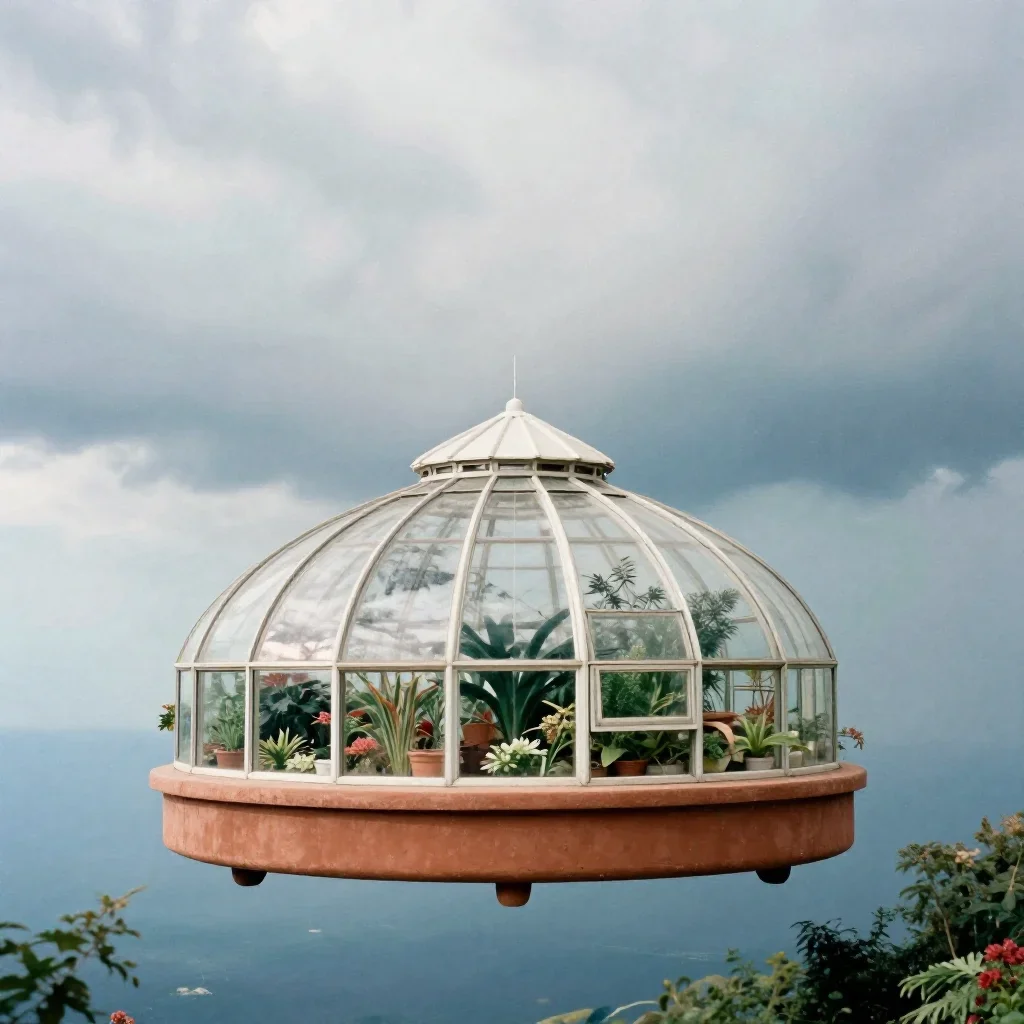 a floating botanical conservatory after a distant thunderstorm, soft-grain analog film photography, restrained color har