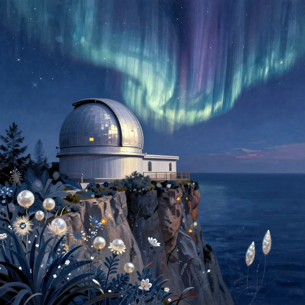 a cliffside observatory beneath an aurora, contemporary botanical illustration, gentle reflected light, indigo and pearl