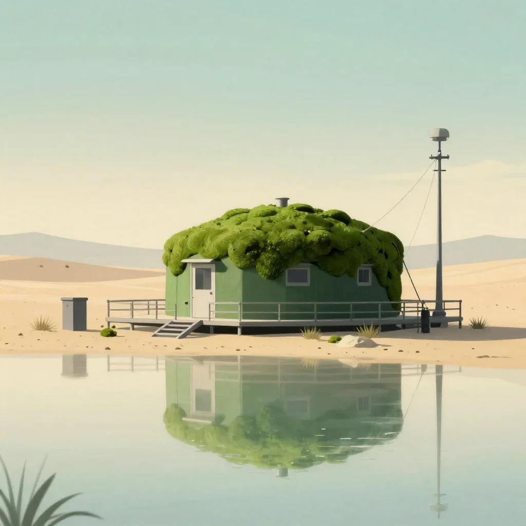 a desert research station in quiet late-afternoon haze, Japanese woodblock-inspired editorial art, gentle reflected ligh