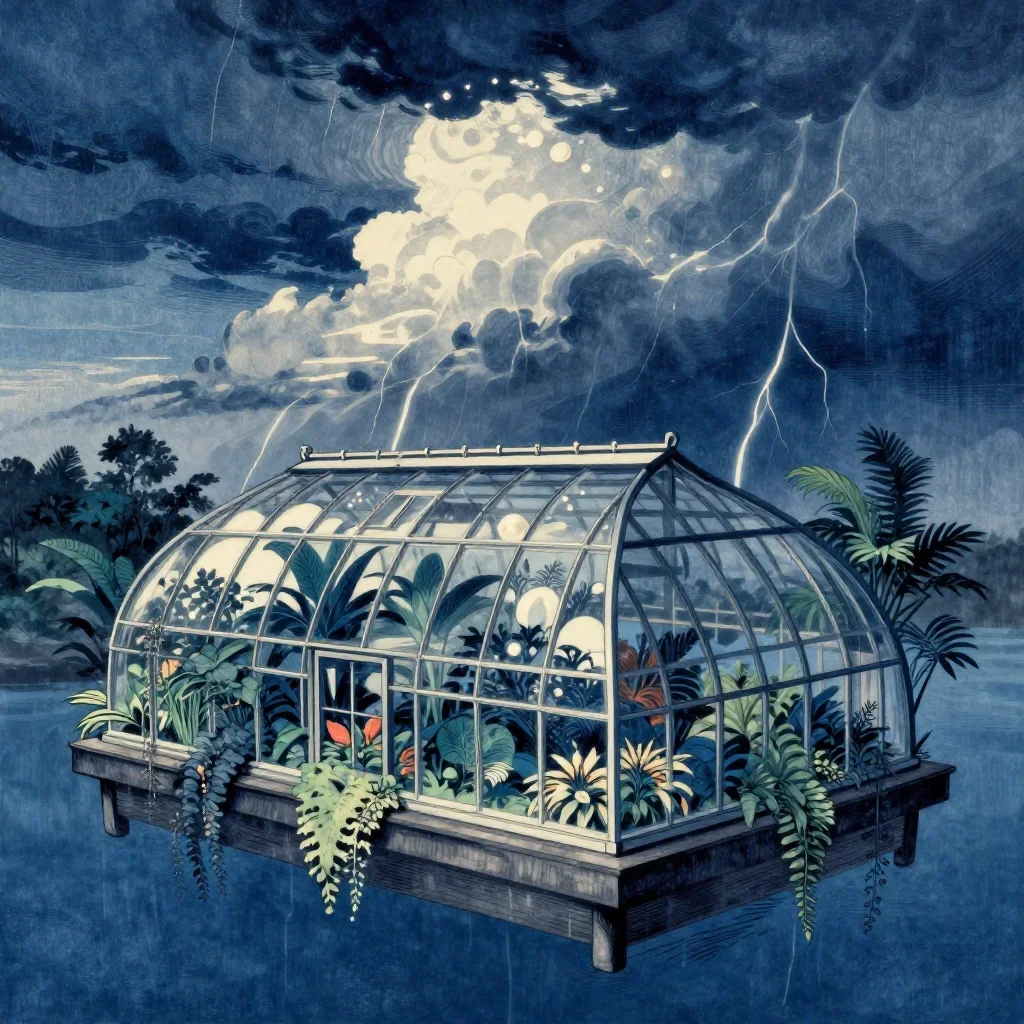 a floating botanical conservatory after a distant thunderstorm, Japanese woodblock-inspired editorial art, restrained co