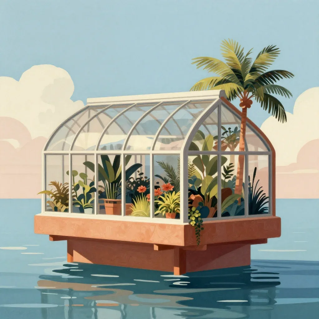 a floating botanical conservatory in a gentle sea breeze, modernist poster illustration, careful geometric composition, terracotta and pale sky blue palette, no people, no text, no logo, no watermark