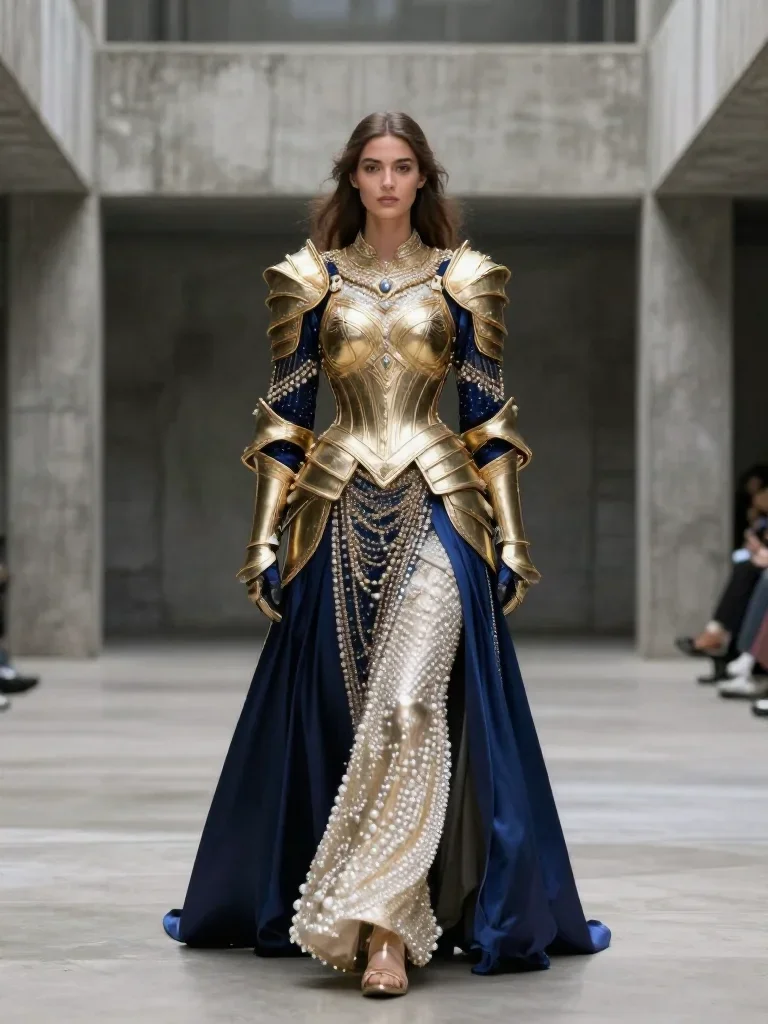 a warrior queen in ornate gilded armor standing tall with hands in pockets, in a brutalist concrete atrium, high-fashion