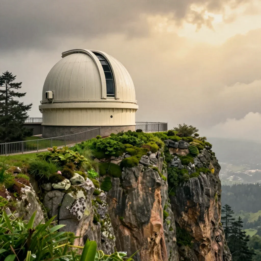 a cliffside observatory after warm summer rain, refined editorial travel photography, atmospheric depth, moss green and