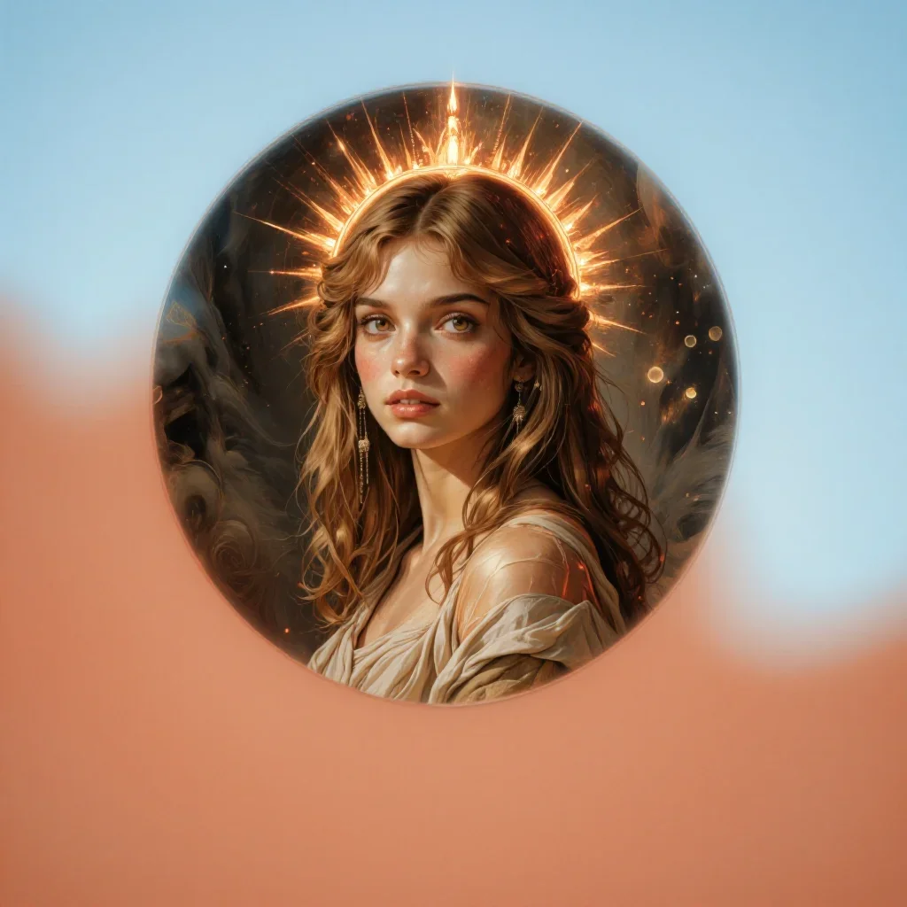 a celestial priestess with haloed candlelight in an alluring over-the-shoulder glance, in a smoke-lit photo studio, Rena