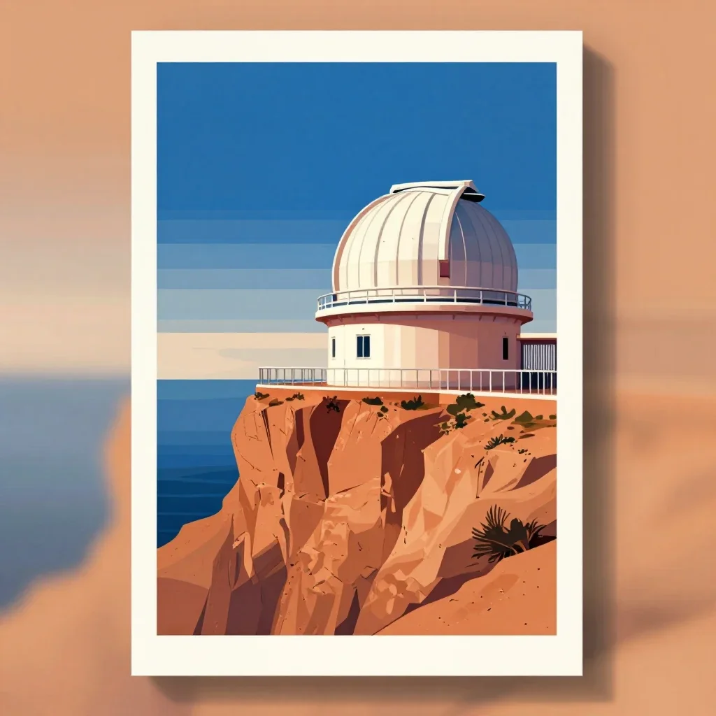 a cliffside observatory under overcast coastal light, modernist poster illustration, crisp material detail, ochre and ul