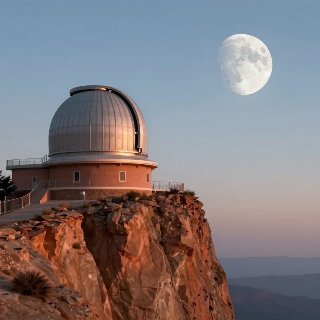 a cliffside observatory at moonrise, quiet science-fiction concept art, soft volumetric light, terracotta and pale sky b