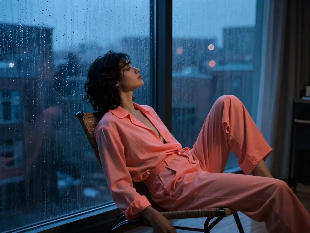a lover leaning against rain-streaked glass reclining elegantly on a chaise, in a blue-hour city apartment, soft-grain a