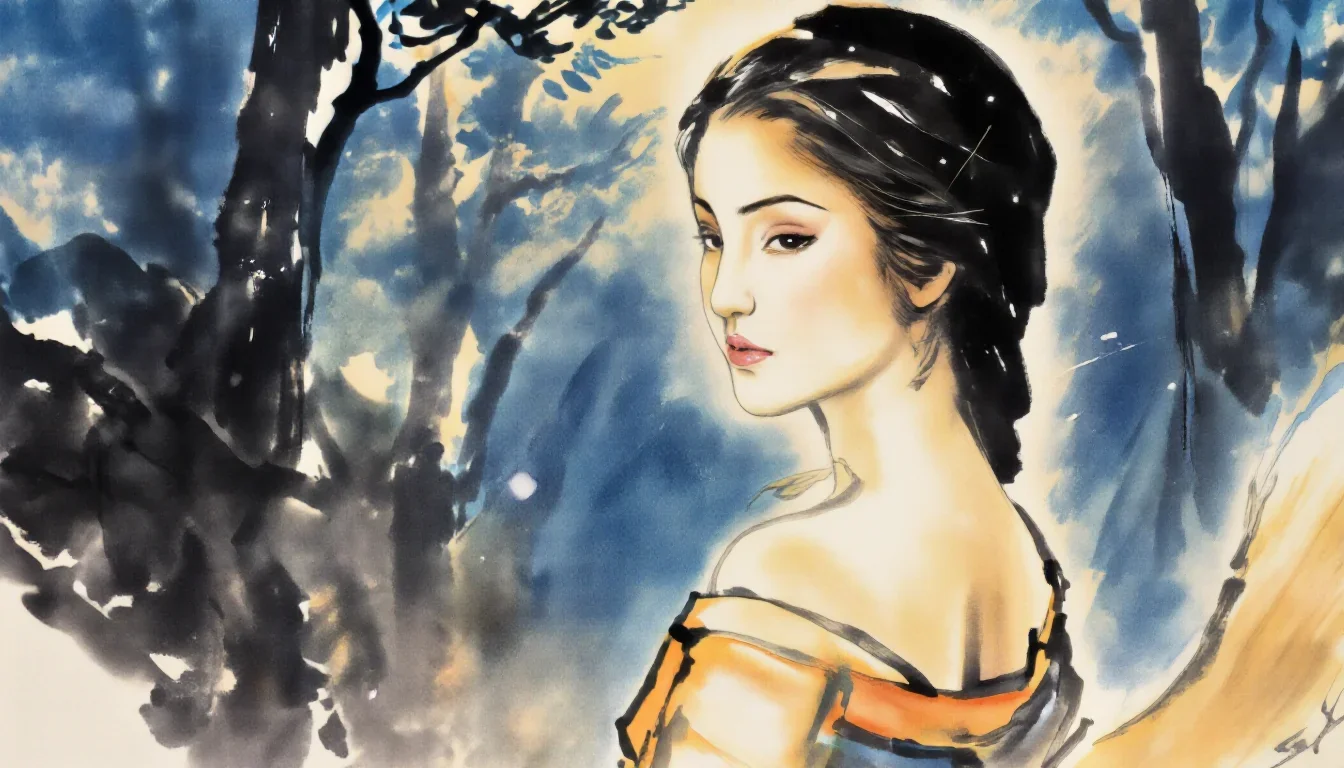 a spectral fox-spirit woman in an ink wash in an alluring over-the-shoulder glance, in a dewy forest clearing, high-fash