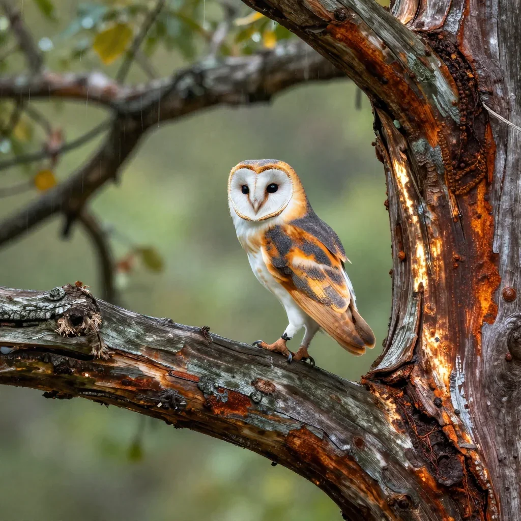 a barn owl in an old cedar after warm summer rain, high-end design magazine photography, shallow depth of field, rust an