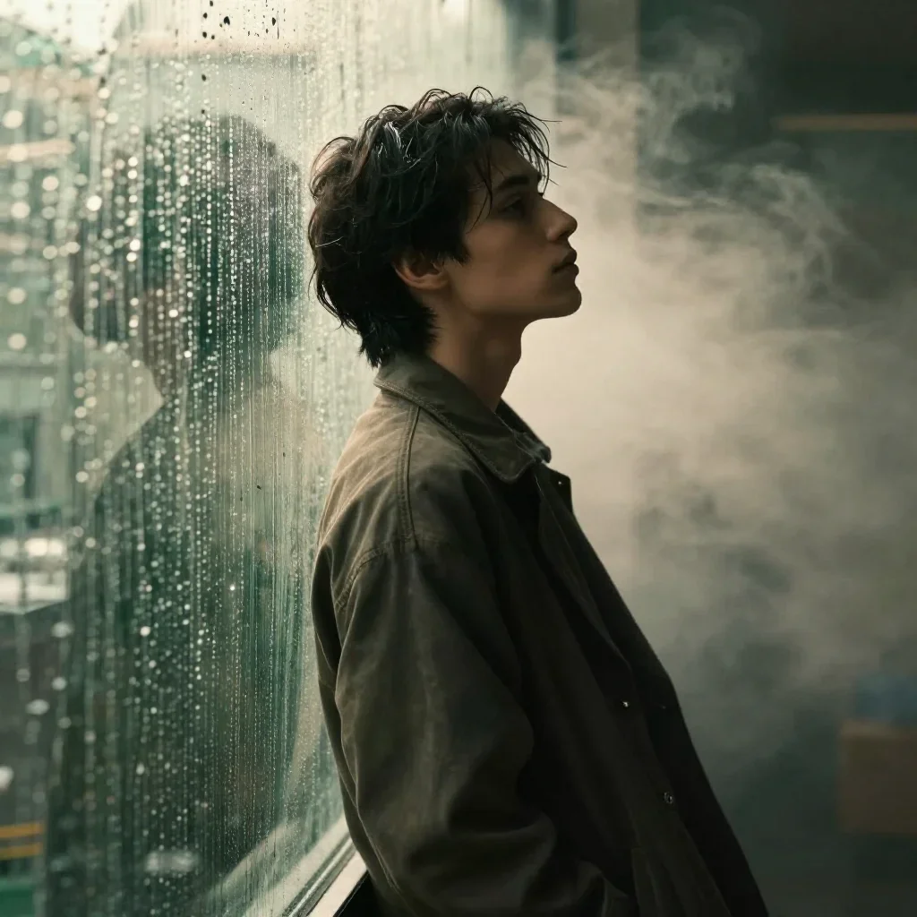 a lover leaning against rain-streaked glass in a dramatic three-quarter profile, in a smoke-lit photo studio, moody Fuji