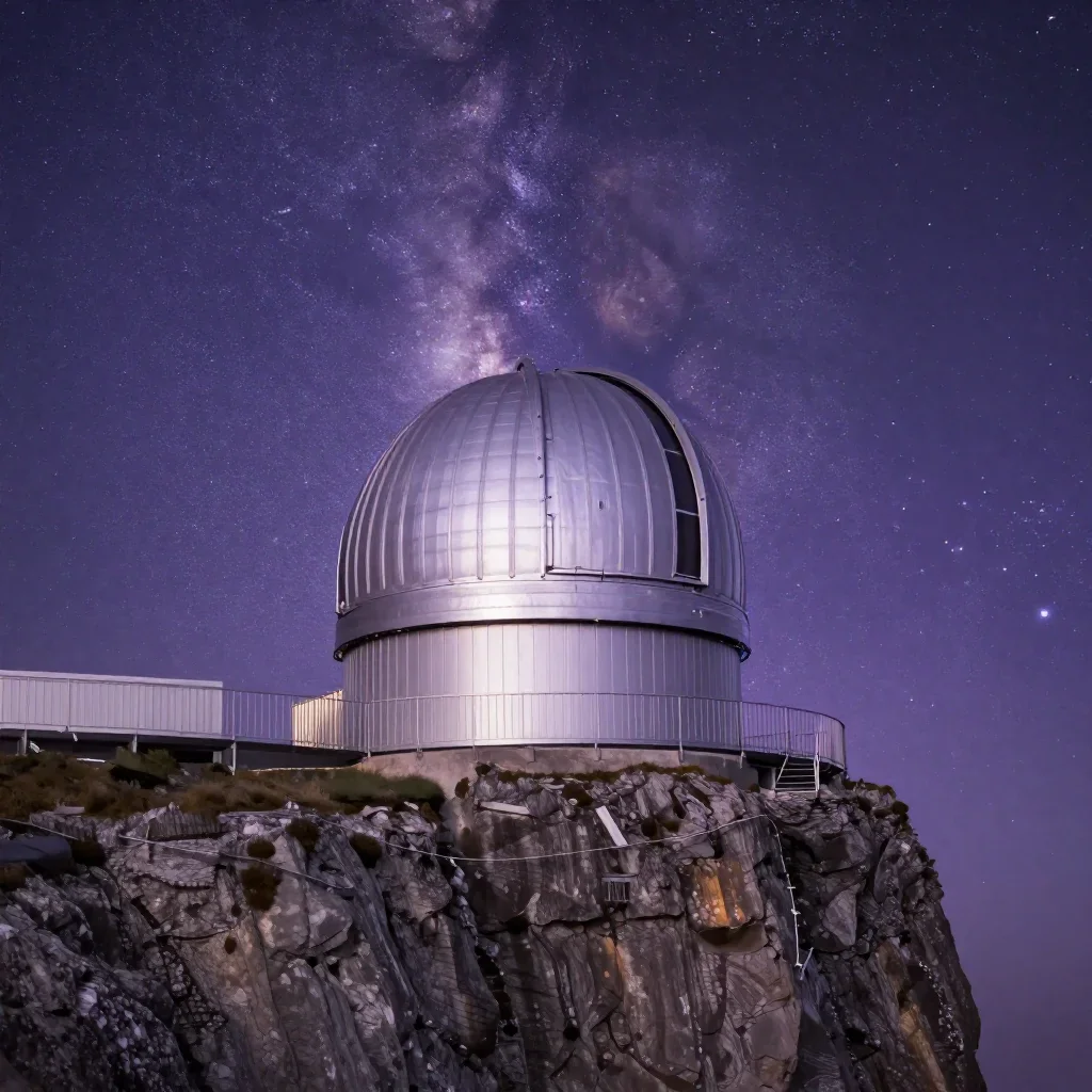 a cliffside observatory beneath a star-filled sky, refined editorial travel photography, careful geometric composition, 