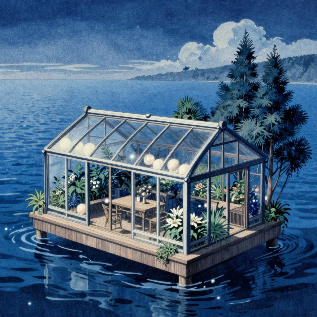 a floating botanical conservatory in a gentle sea breeze, Japanese woodblock-inspired editorial art, subtle film grain, 