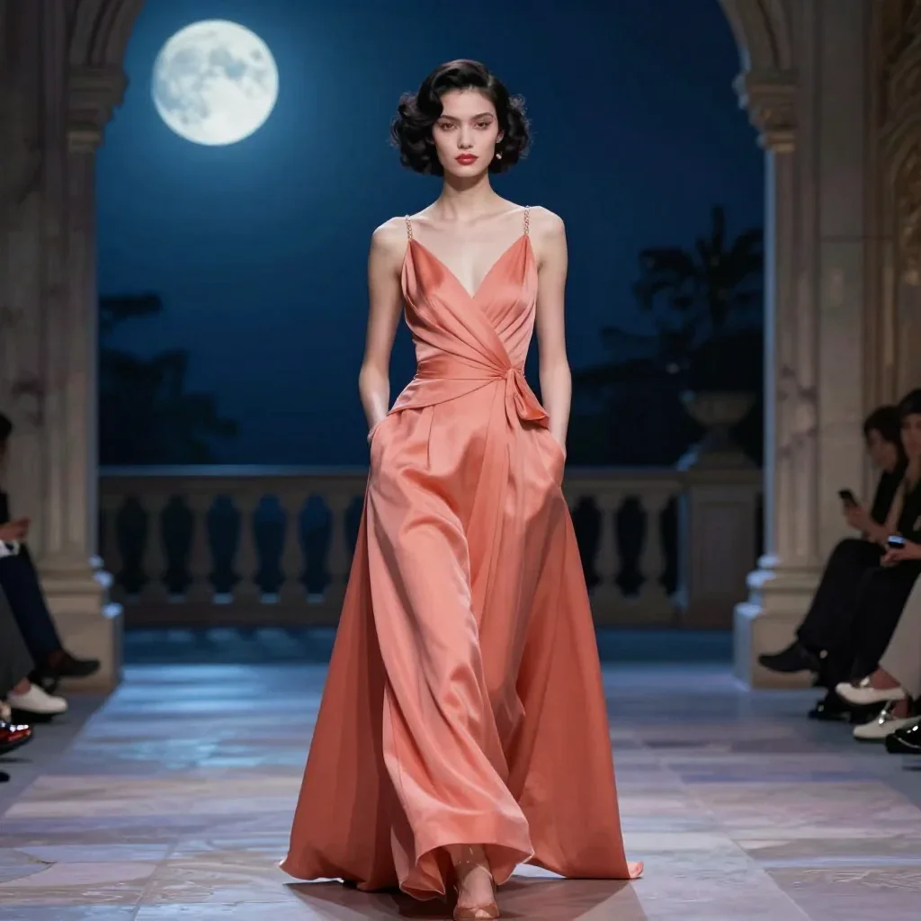 a couture catwalk muse with razor cheekbones standing tall with hands in pockets, in a moonlit palace courtyard, Wong Ka
