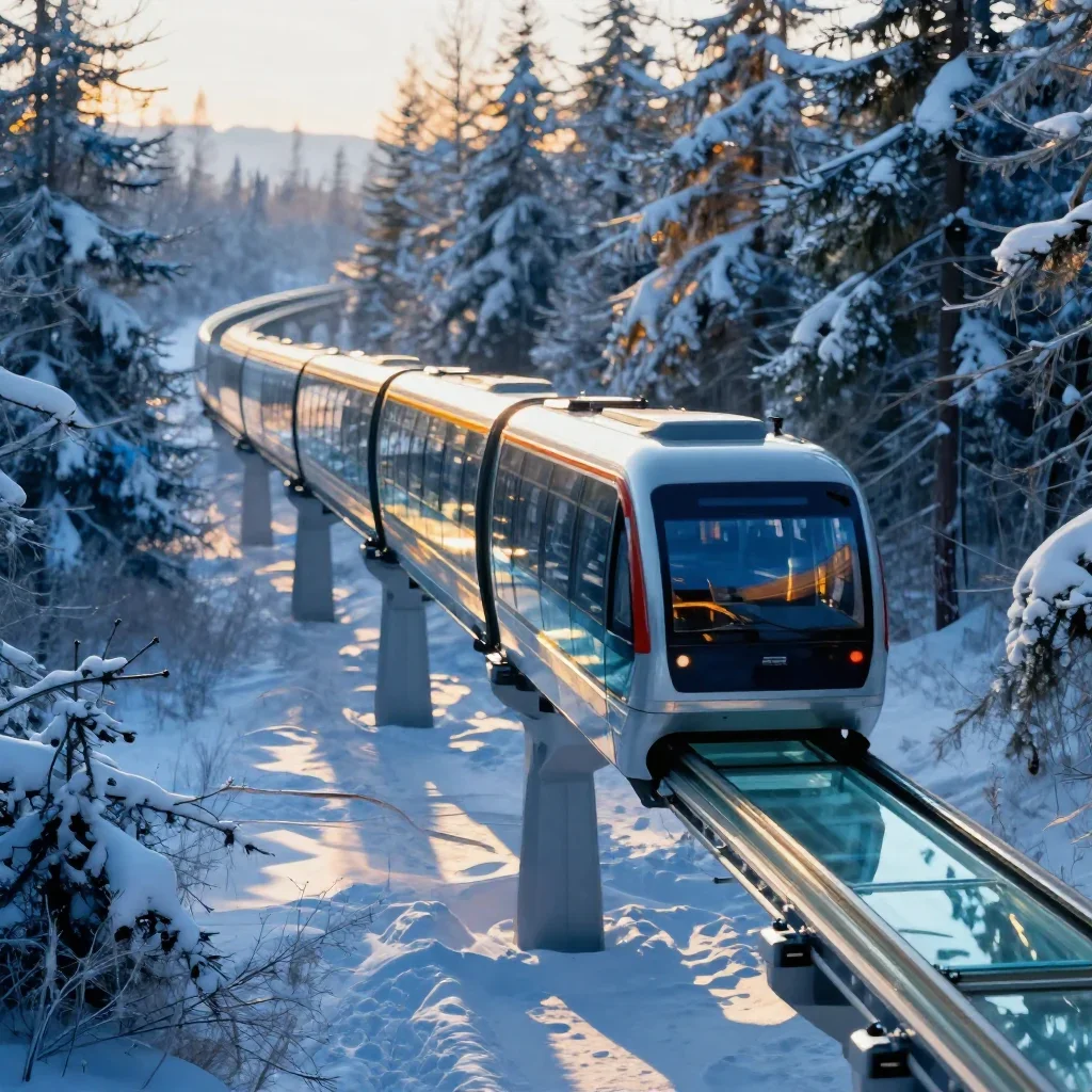 a glass monorail in crisp winter sunlight, high-end design magazine photography, atmospheric depth, cobalt and amber pal