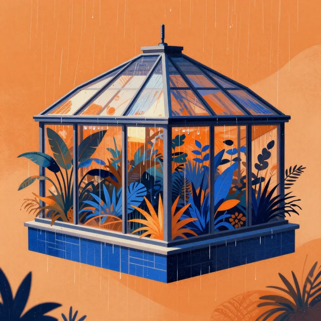 a floating botanical conservatory after warm summer rain, contemporary botanical illustration, careful geometric composi