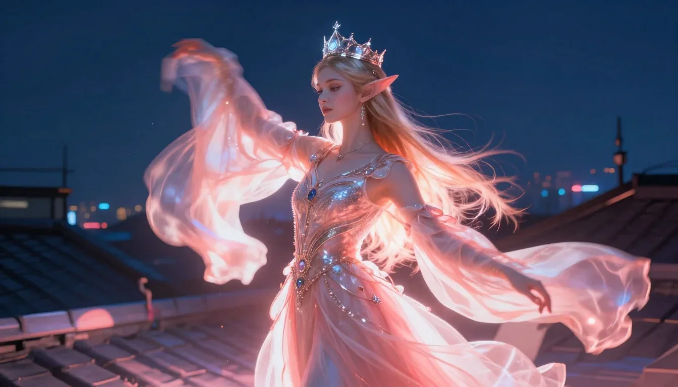 an elven queen in a moonlit silver crown mid-turn with fabric catching the light, on a neon-lit rooftop at midnight, dre