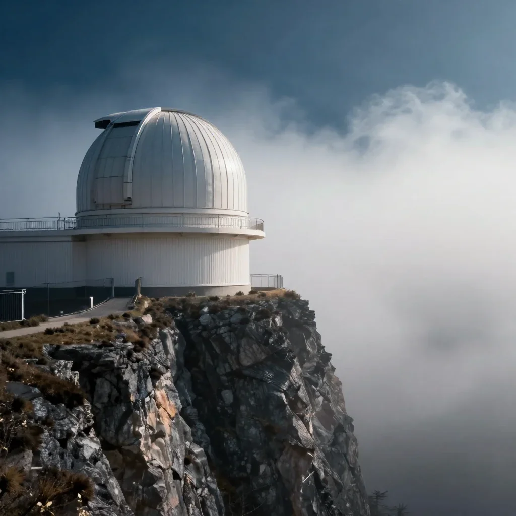 a cliffside observatory in early spring mist, cinematic architectural photography, restrained color harmony, indigo and 