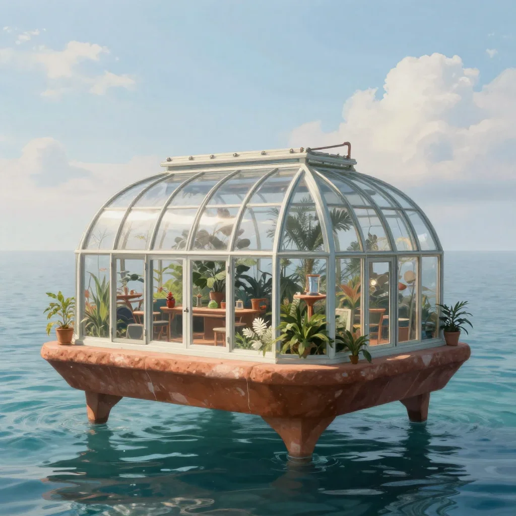 a floating botanical conservatory in a gentle sea breeze, quiet science-fiction concept art, soft volumetric light, terr