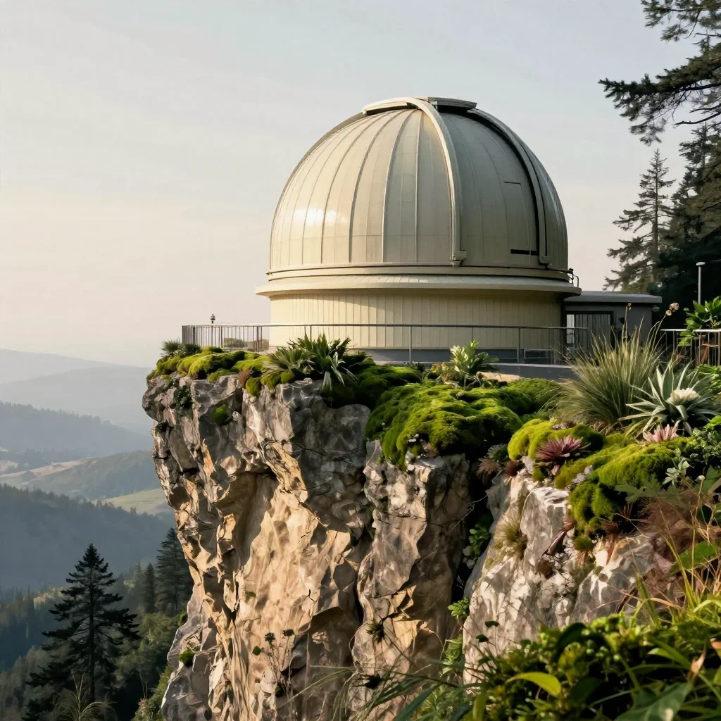 a cliffside observatory in crisp winter sunlight, contemporary botanical illustration, atmospheric depth, moss green and