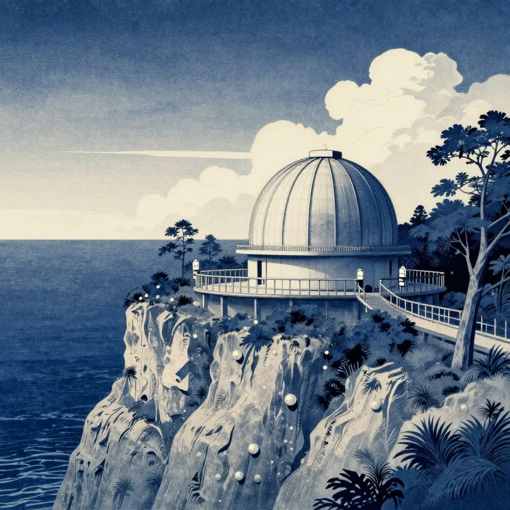 a cliffside observatory in a gentle sea breeze, Japanese woodblock-inspired editorial art, restrained color harmony, ind