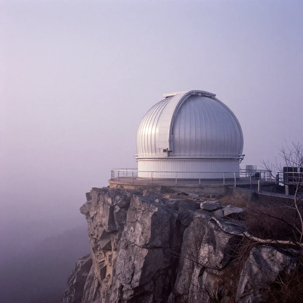 a cliffside observatory in early spring mist, soft-grain analog film photography, atmospheric depth, lavender and silver
