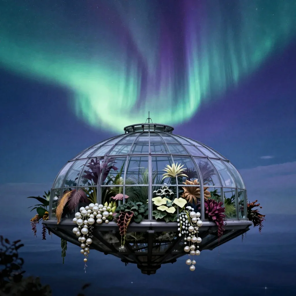 a floating botanical conservatory beneath an aurora, refined editorial travel photography, restrained color harmony, ind