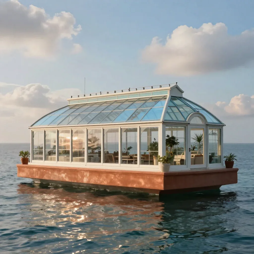 a floating botanical conservatory in a gentle sea breeze, cinematic architectural photography, gentle reflected light, t