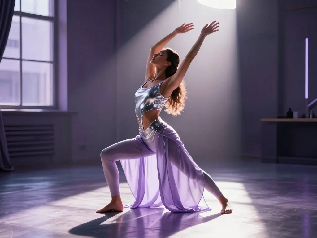 a fitness creator stretching in a sunlit loft in a deep breath with eyes closed, on a midnight dance floor, futuristic s