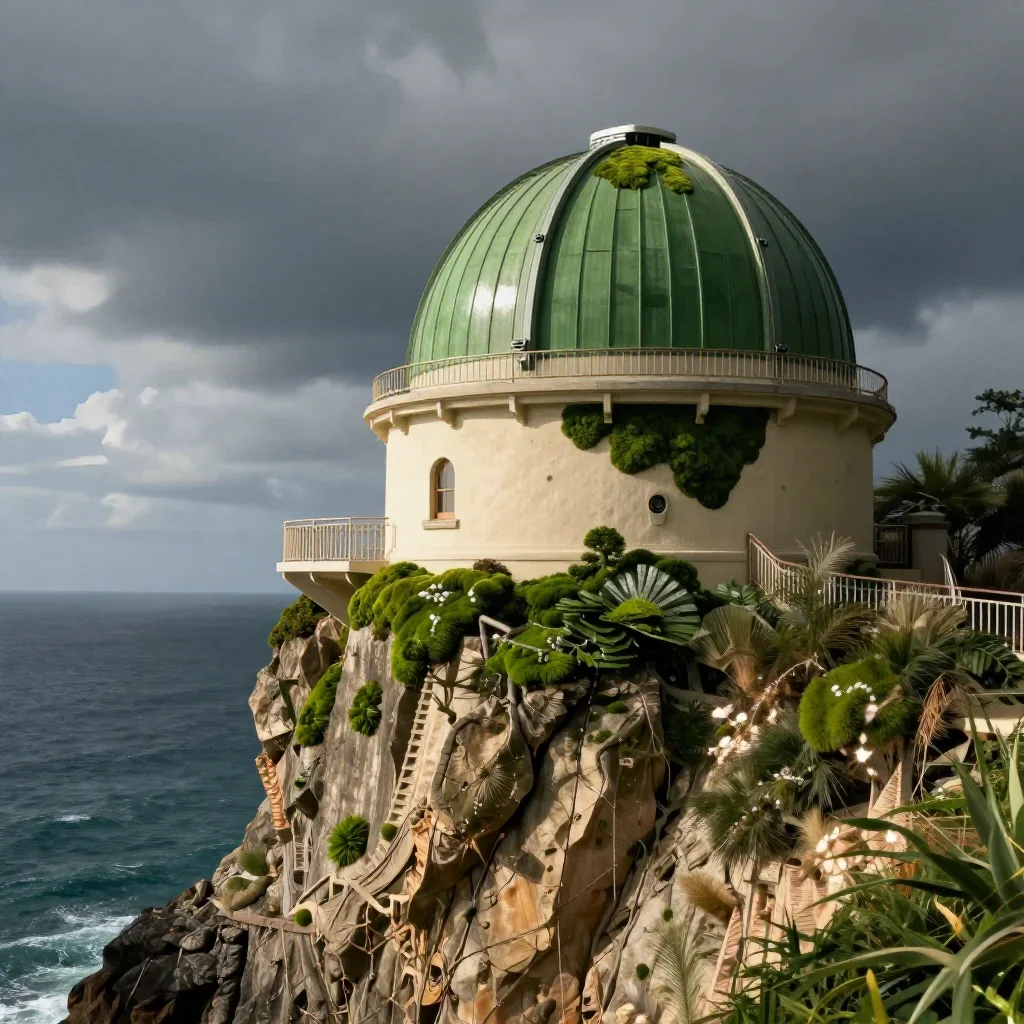 a cliffside observatory in a gentle sea breeze, cinematic architectural photography, crisp material detail, moss green a