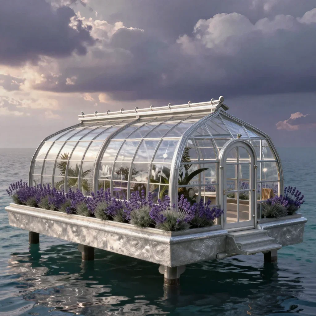 a floating botanical conservatory in a gentle sea breeze, cinematic architectural photography, clean natural textures, l