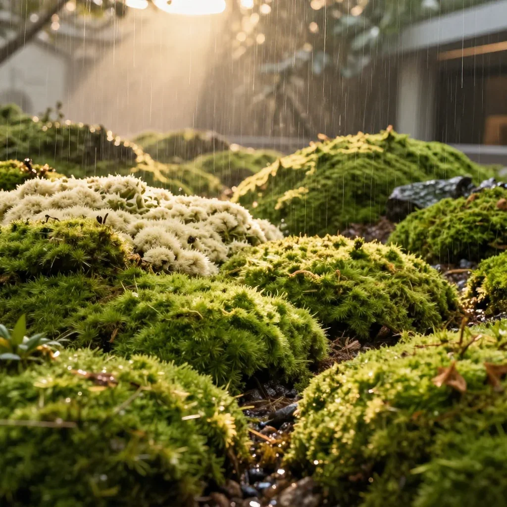 a moss garden after rain during golden hour, museum-quality still-life photography, crisp material detail, moss green an