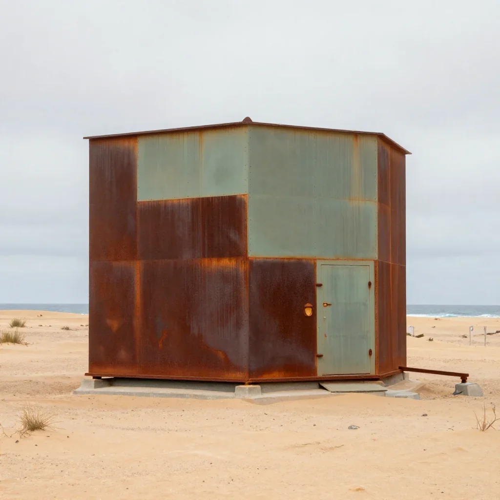 a desert research station under overcast coastal light, refined editorial travel photography, careful geometric composit