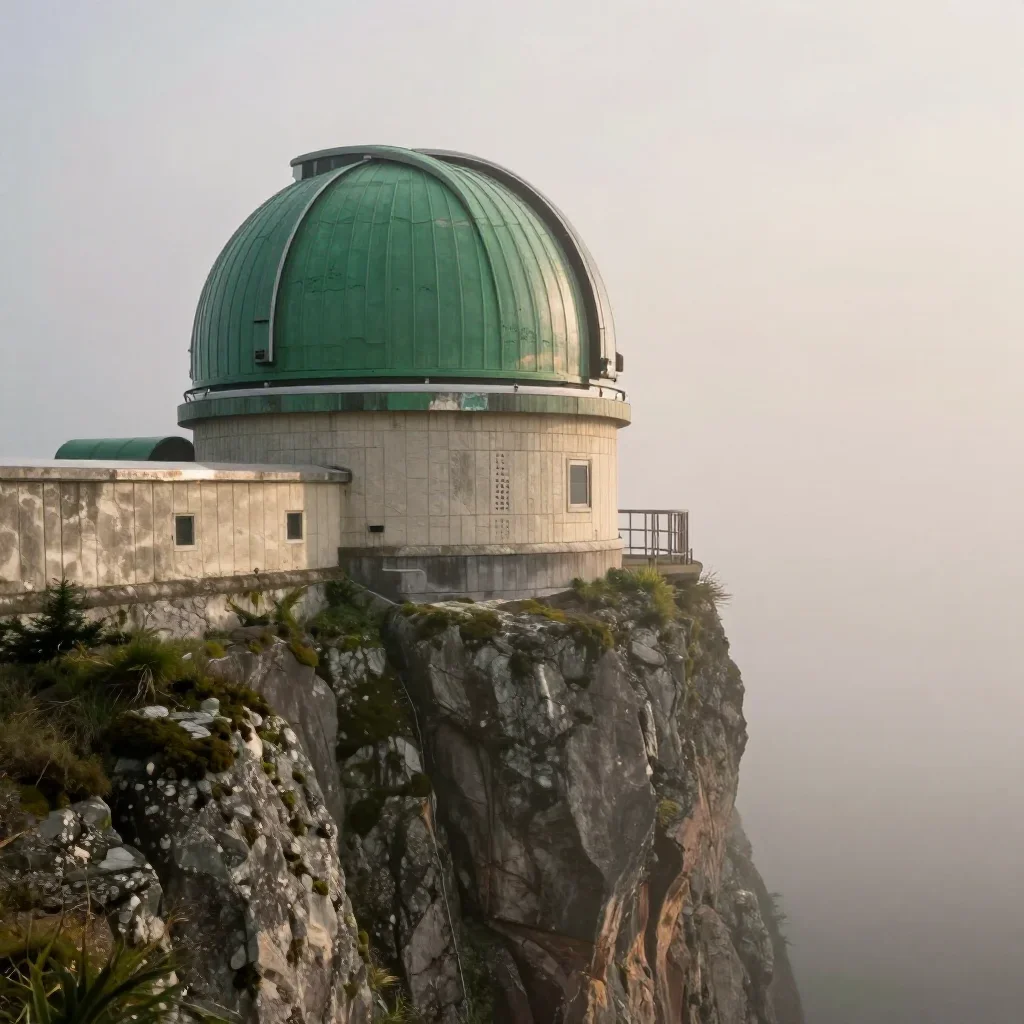 a cliffside observatory under soft dawn fog, refined editorial travel photography, weathered tactile surfaces, moss gree