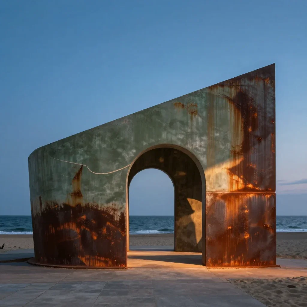 a sculptural ocean pavilion at blue hour, refined editorial travel photography, clean natural textures, rust and sage palette, family-safe, no text, no logo, no watermark