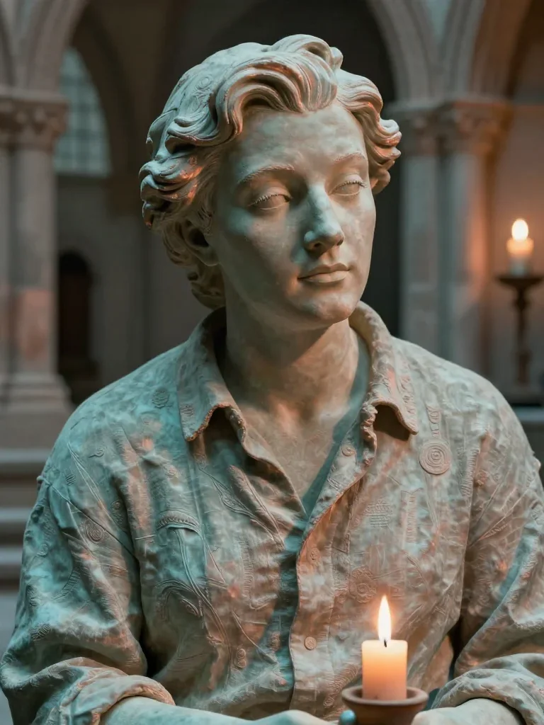 a sculptor at rest in a linen shirt, dust-hazed in a coy glance from under lowered lashes, in a candle-lit cathedral rui