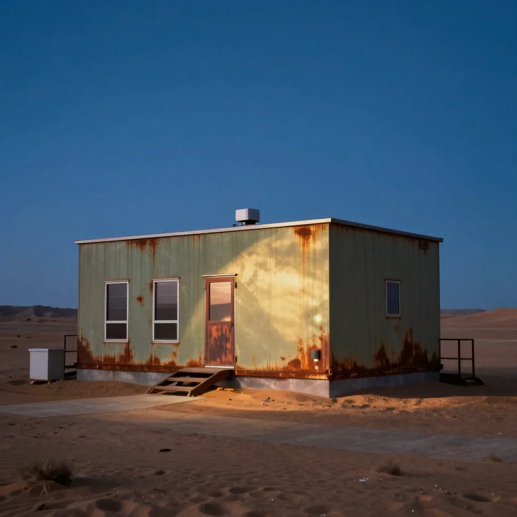 a desert research station at blue hour, museum-quality still-life photography, calm negative space, rust and sage palett
