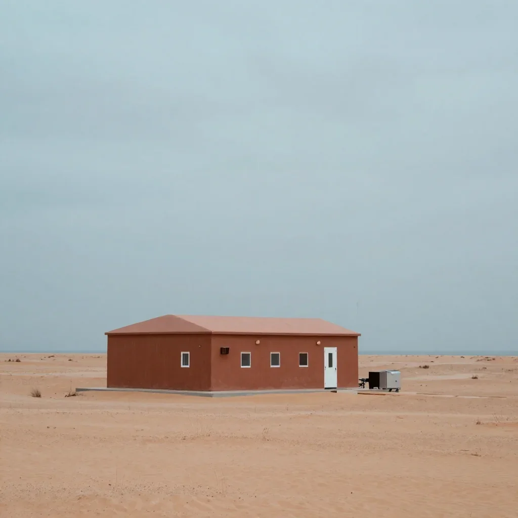 a desert research station under overcast coastal light, museum-quality still-life photography, calm negative space, terr