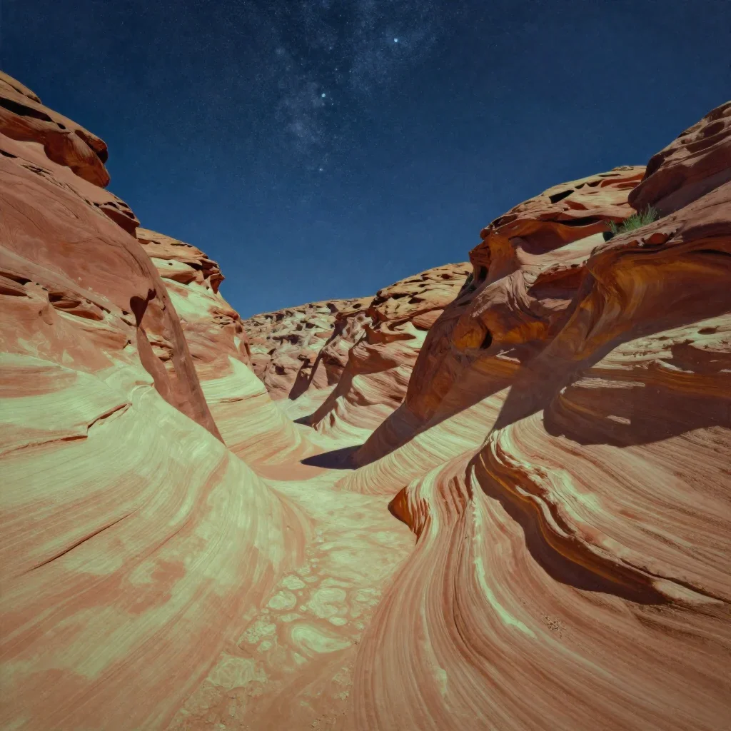 a wind-carved sandstone valley beneath a star-filled sky, luminous gouache painting, clean natural textures, rust and sa