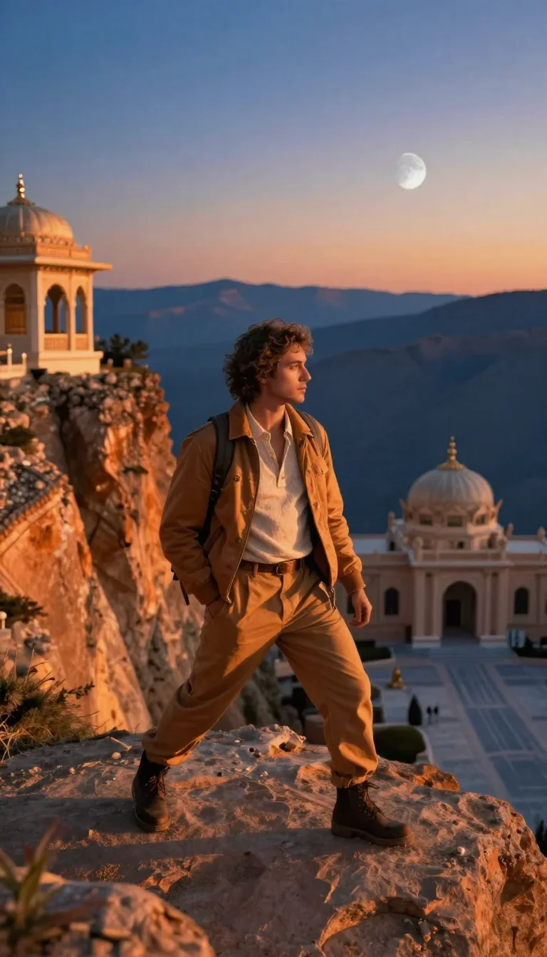a travel influencer posing on a cliffside at golden hour in a confident cinematic stride, in a moonlit palace courtyard,