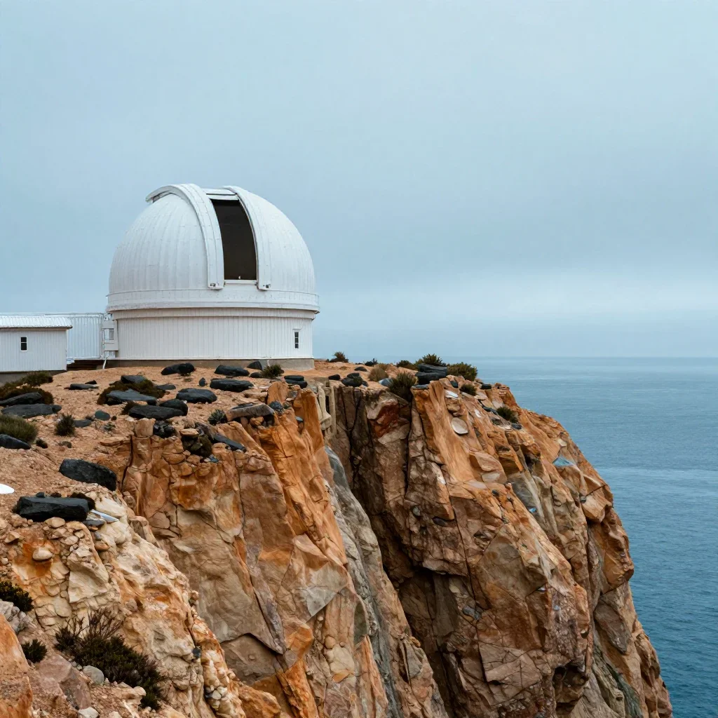 a cliffside observatory under overcast coastal light, dreamlike fine-art landscape photography, restrained color harmony