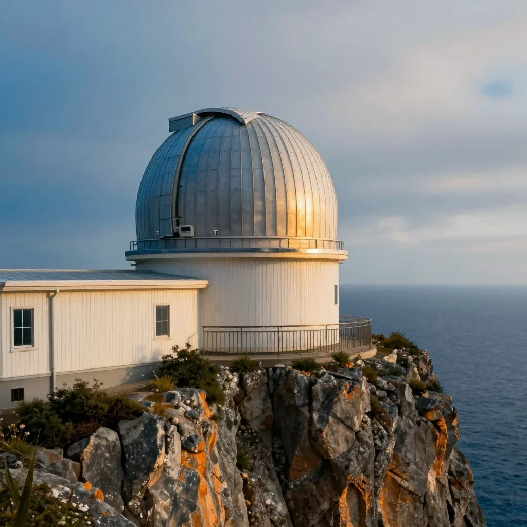 a cliffside observatory under overcast coastal light, cinematic architectural photography, crisp material detail, cobalt